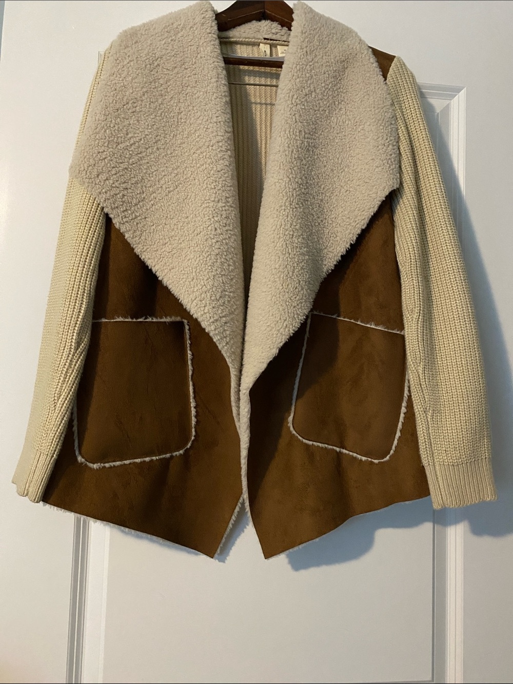 Moth Cream & Brown Faux Shearling Open-Front Jacket